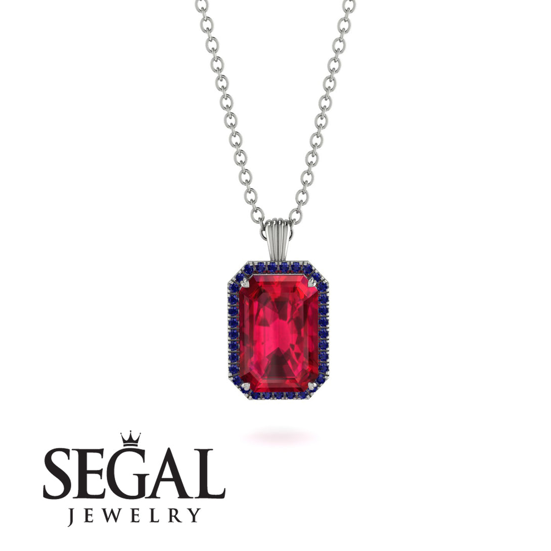 Halo Emerald Cut Ruby Necklace - Izabella No. 72
