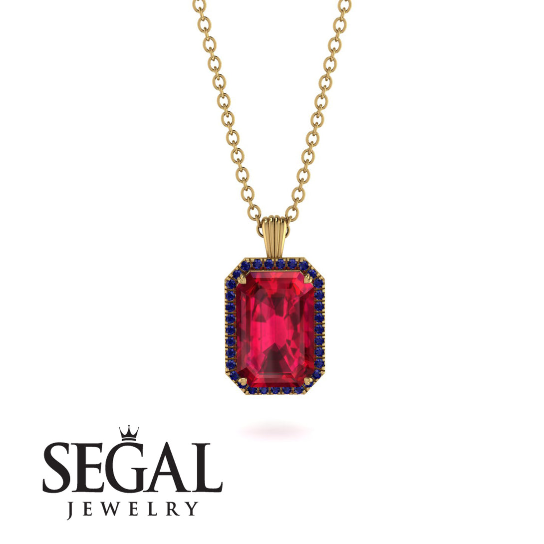 Halo Emerald Cut Ruby Necklace - Izabella No. 70
