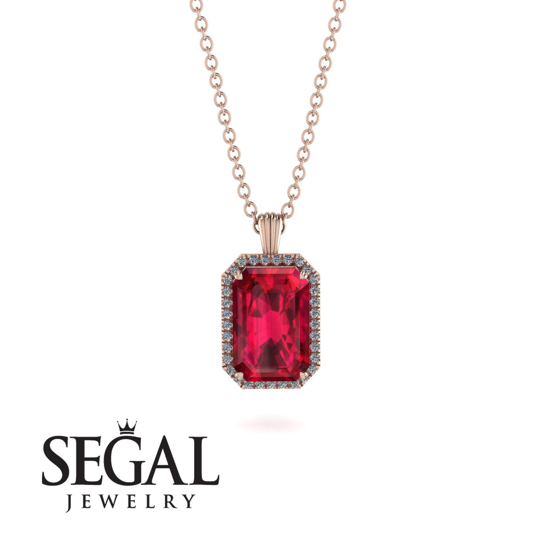 Halo Emerald Cut Ruby Necklace - Izabella No. 11