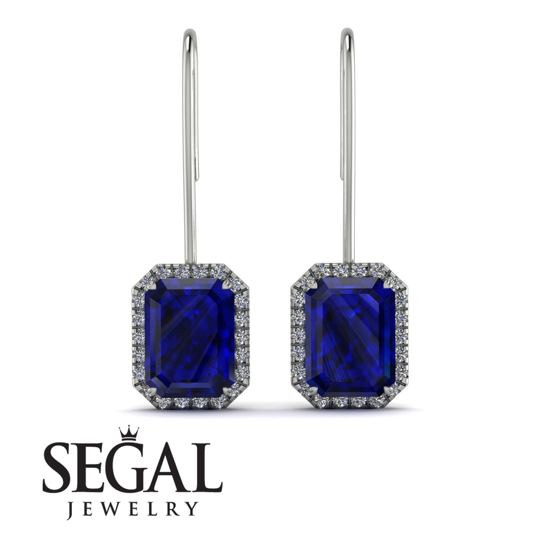 Halo Emerald Cut Sapphire Earrings - Izabella No. 15