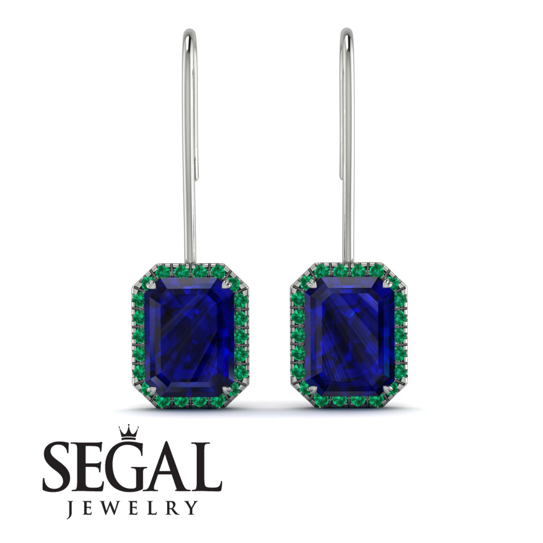 Halo Emerald Cut Sapphire Earrings - Izabella No. 30