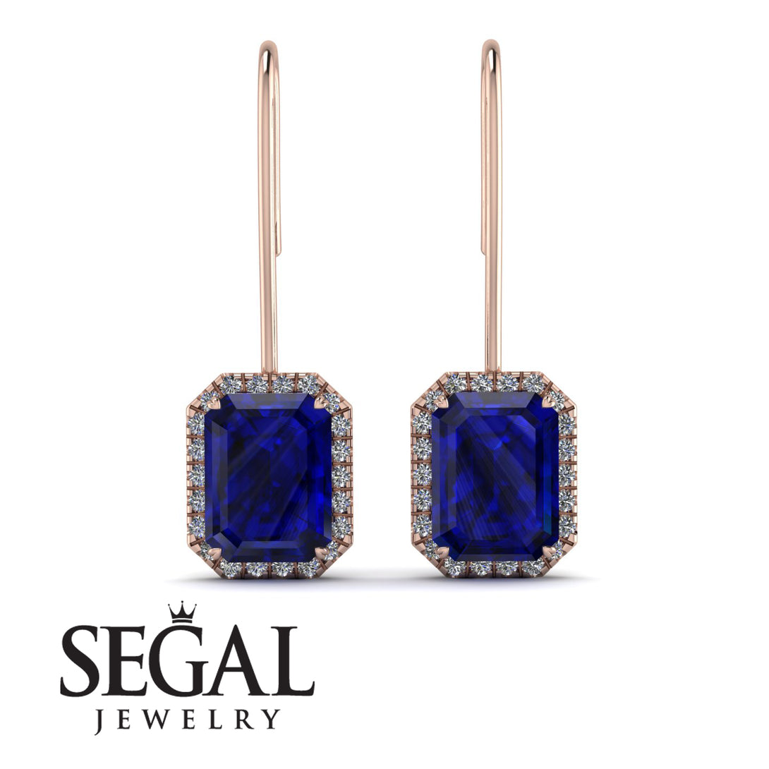 Halo Emerald Cut Sapphire Earrings - Izabella No. 14