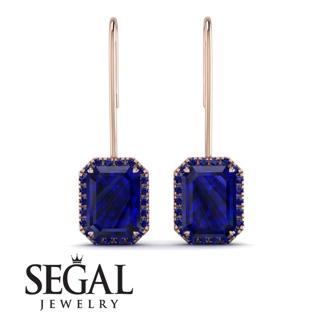 Halo Emerald Cut Sapphire Earrings - Izabella No. 74