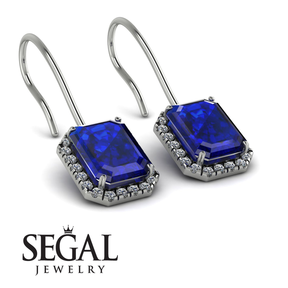 Halo Emerald Cut Sapphire Earrings - Izabella No. 15