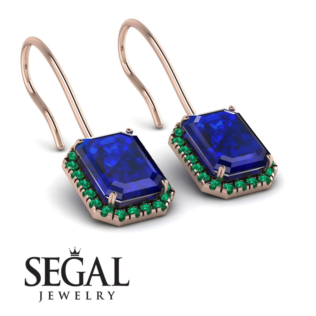 Halo Emerald Cut Sapphire Earrings - Izabella No. 29