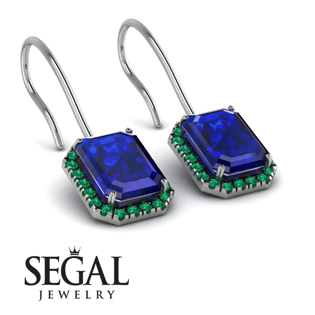 Halo Emerald Cut Sapphire Earrings - Izabella No. 30
