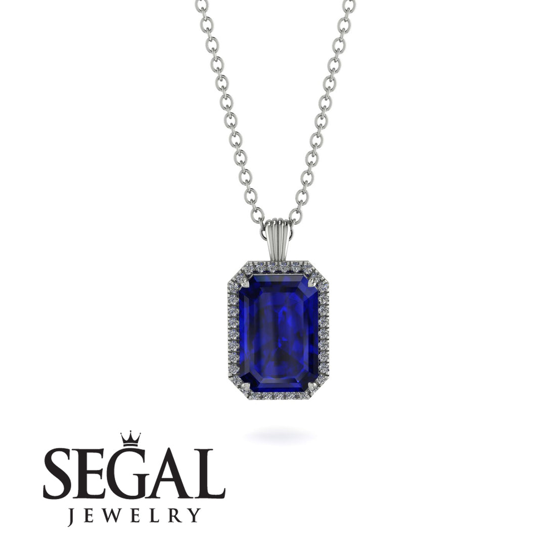 Halo Emerald Cut Sapphire Necklace - Izabella No. 15