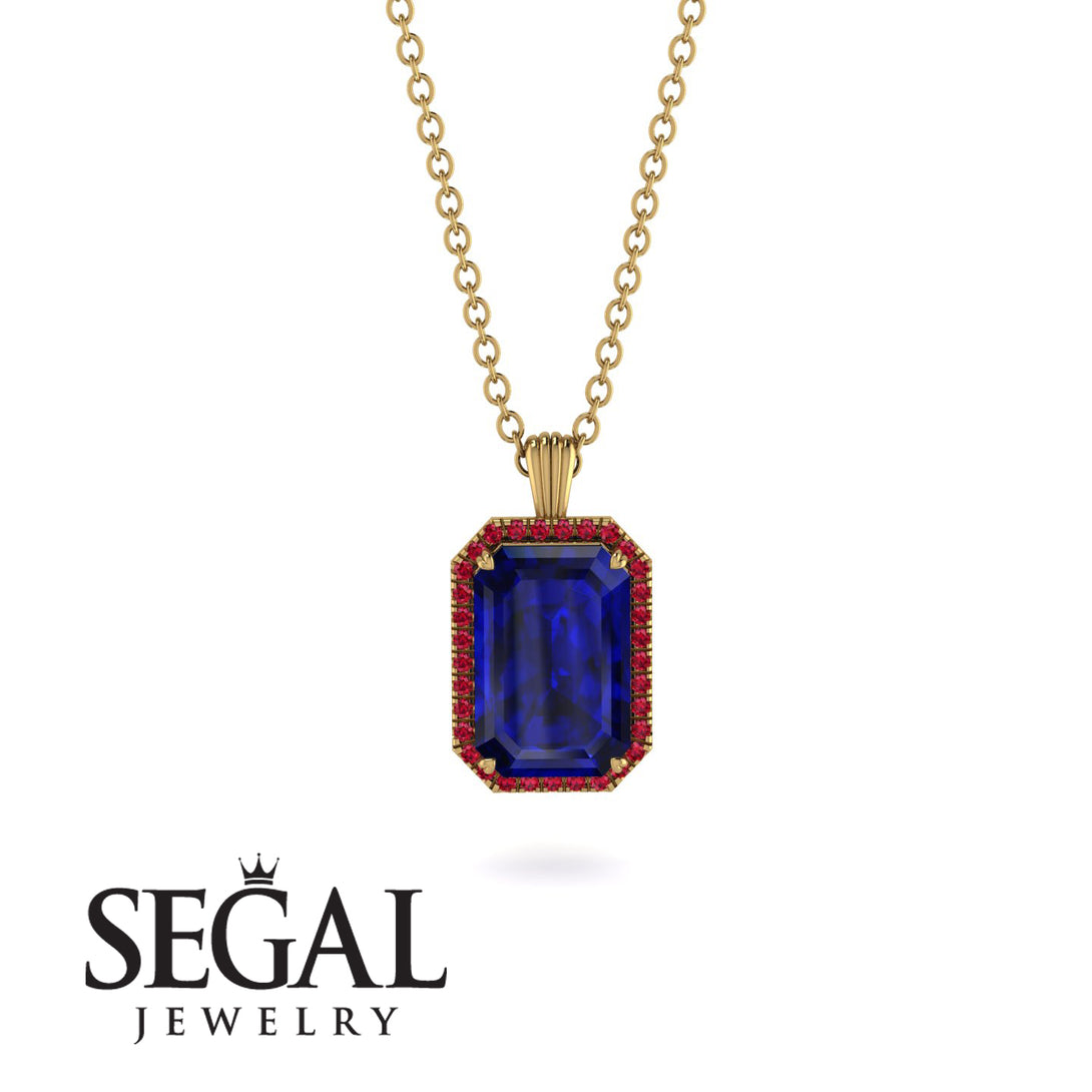 Halo Emerald Cut Sapphire Necklace - Izabella No. 58