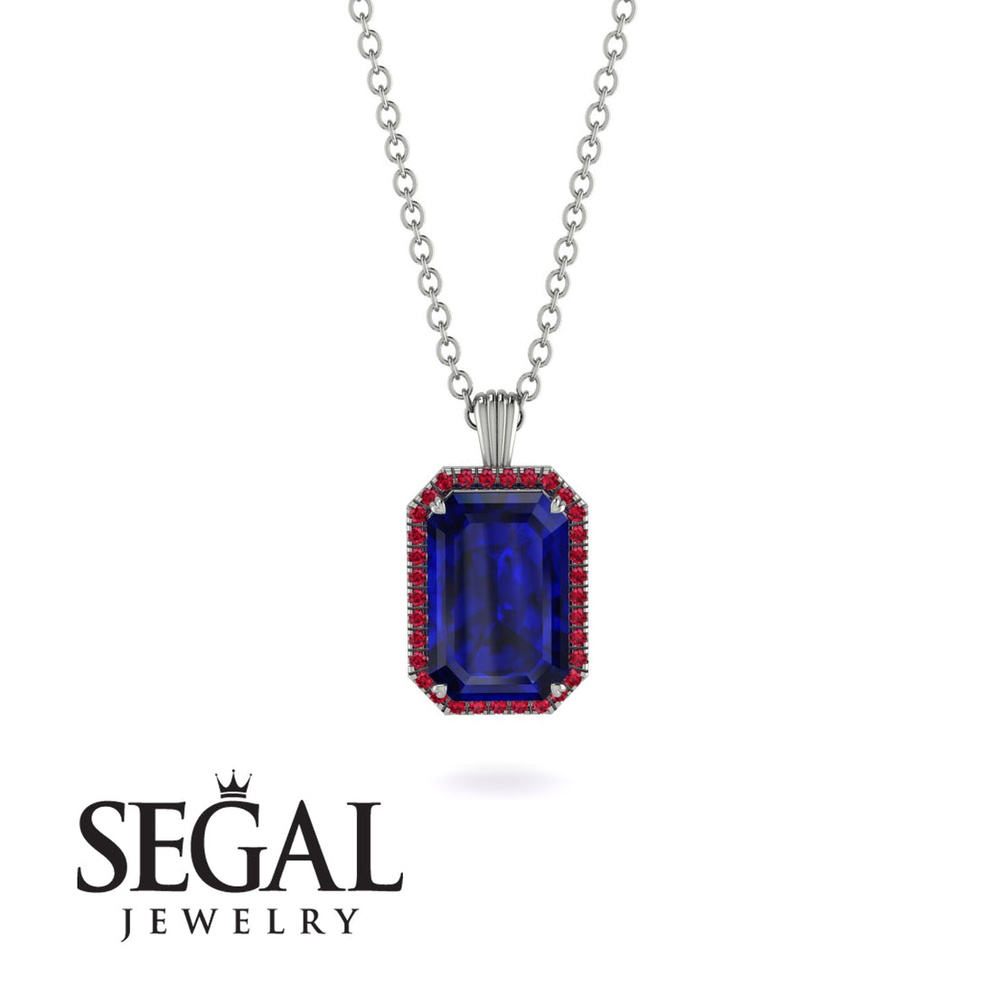 Halo Emerald Cut Sapphire Necklace - Izabella No. 60