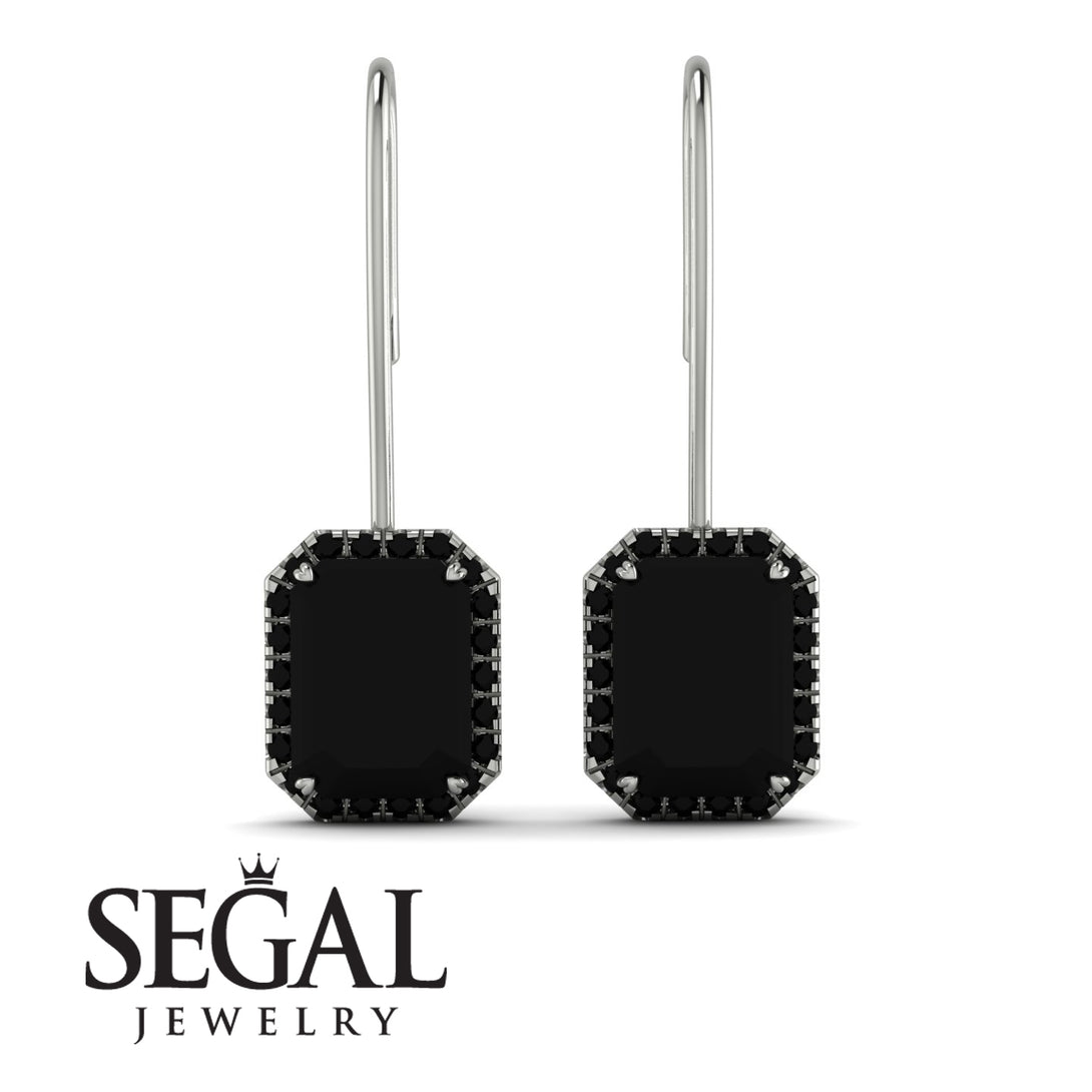 Halo Emerald Cut Black Diamond Earrings - Izabella No. 39