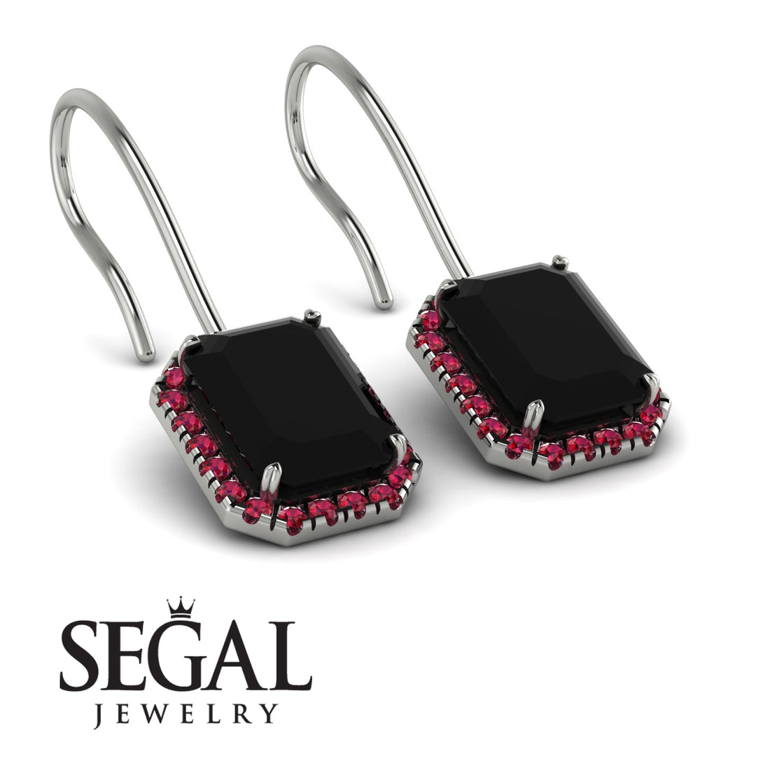 Halo Emerald Cut Black Diamond Earrings - Izabella No. 54