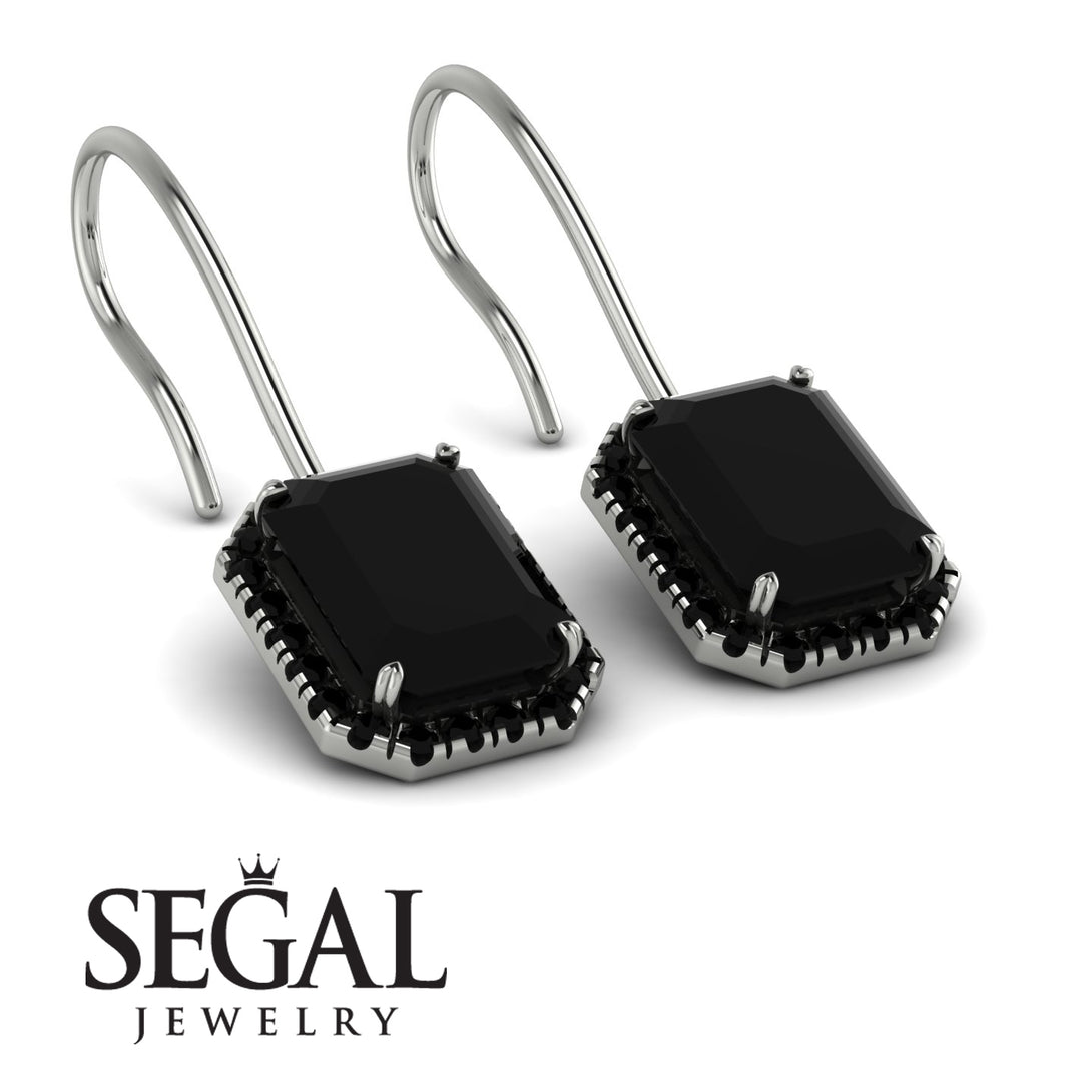 Halo Emerald Cut Black Diamond Earrings - Izabella No. 39