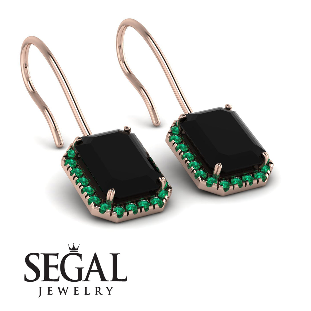 Halo Emerald Cut Black Diamond Earrings - Izabella No. 23