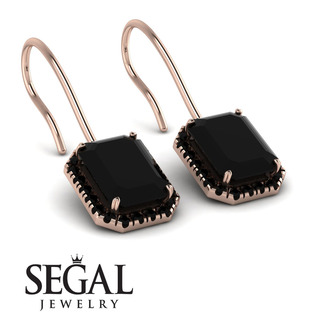 Halo Emerald Cut Black Diamond Earrings - Izabella No. 38