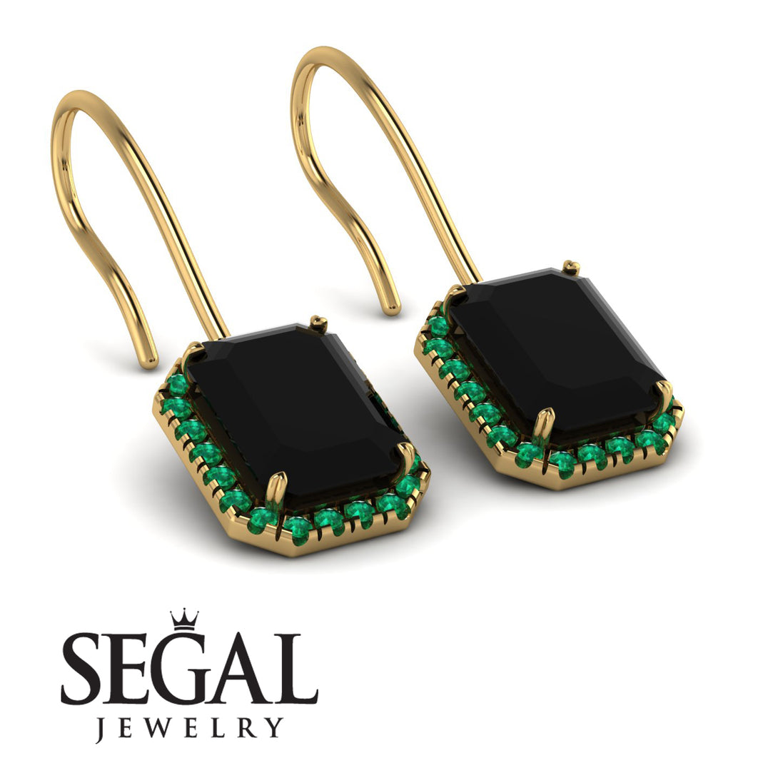 Halo Emerald Cut Black Diamond Earrings - Izabella No. 22