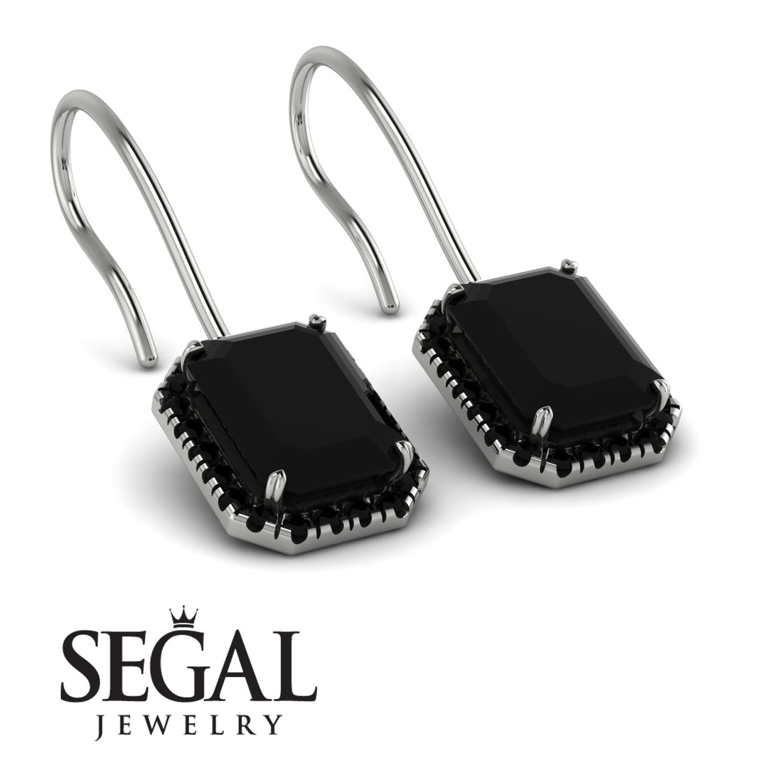 Halo Emerald Cut Black Diamond Earrings - Izabella No. 39