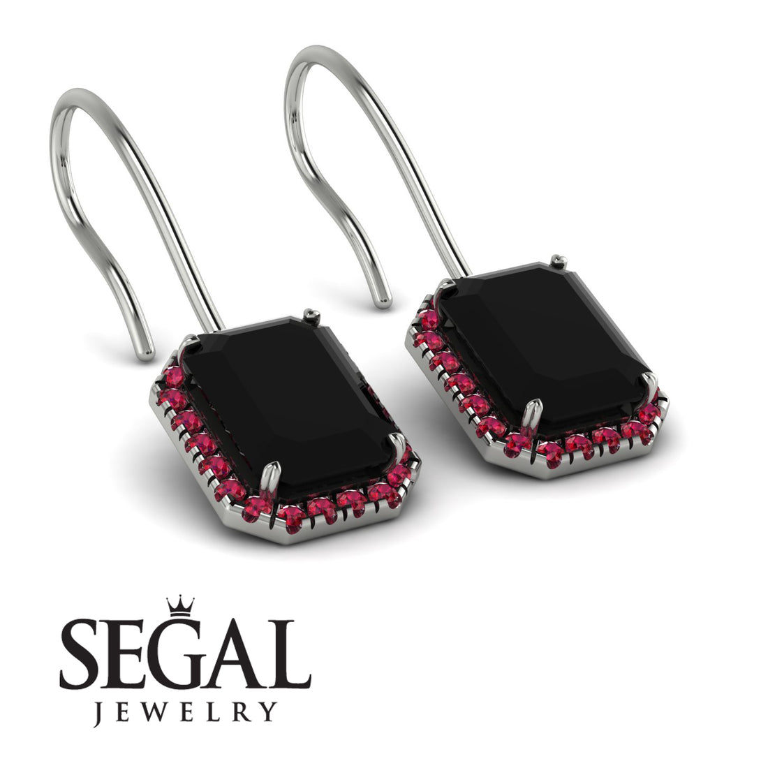 Halo Emerald Cut Black Diamond Earrings - Izabella No. 54
