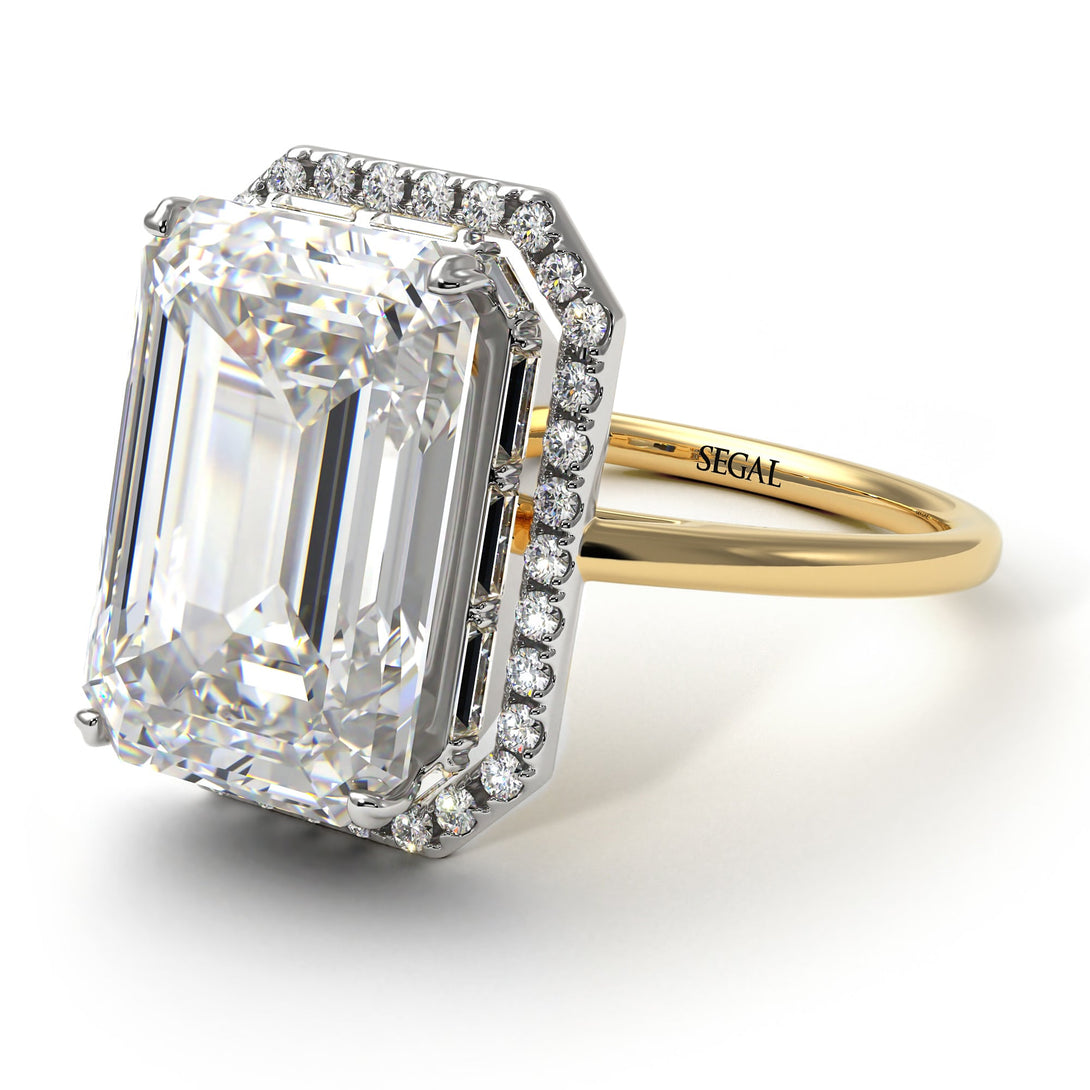 Two Tones Halo Emerald Cut Diamond Ring With Hidden Diamonds - Rowan No. 77