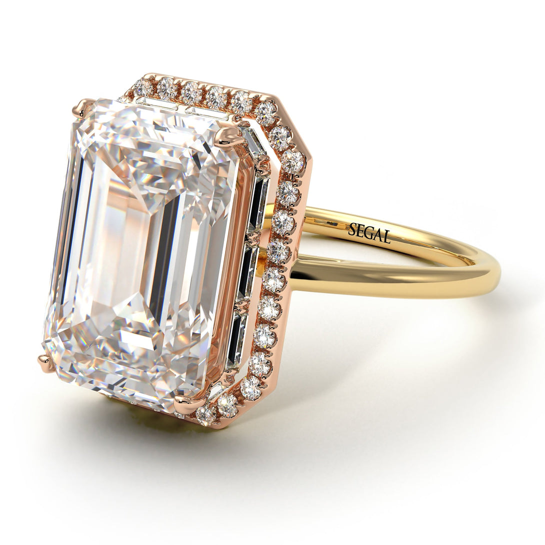 Two Tones Halo Emerald Cut Diamond Ring With Hidden Diamonds - Rowan No. 76