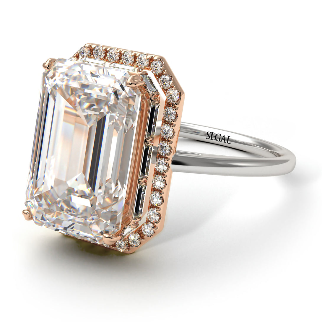 Two Tones Halo Emerald Cut Diamond Ring With Hidden Diamonds - Rowan No. 78