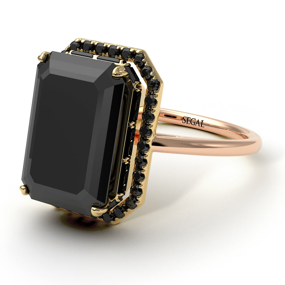 Two Tones Halo Emerald Cut Black Diamond Ring With Hidden Diamonds - Rowan No. 79