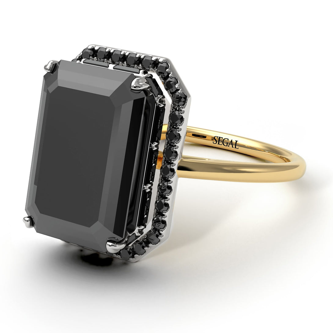 Two Tones Halo Emerald Cut Black Diamond Ring With Hidden Diamonds - Rowan No. 80