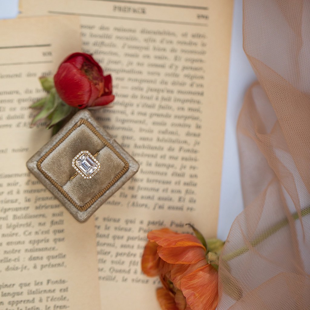 Two Tones Halo Emerald Cut Halo Black Diamond Engagement Ring - Izabella No. 79