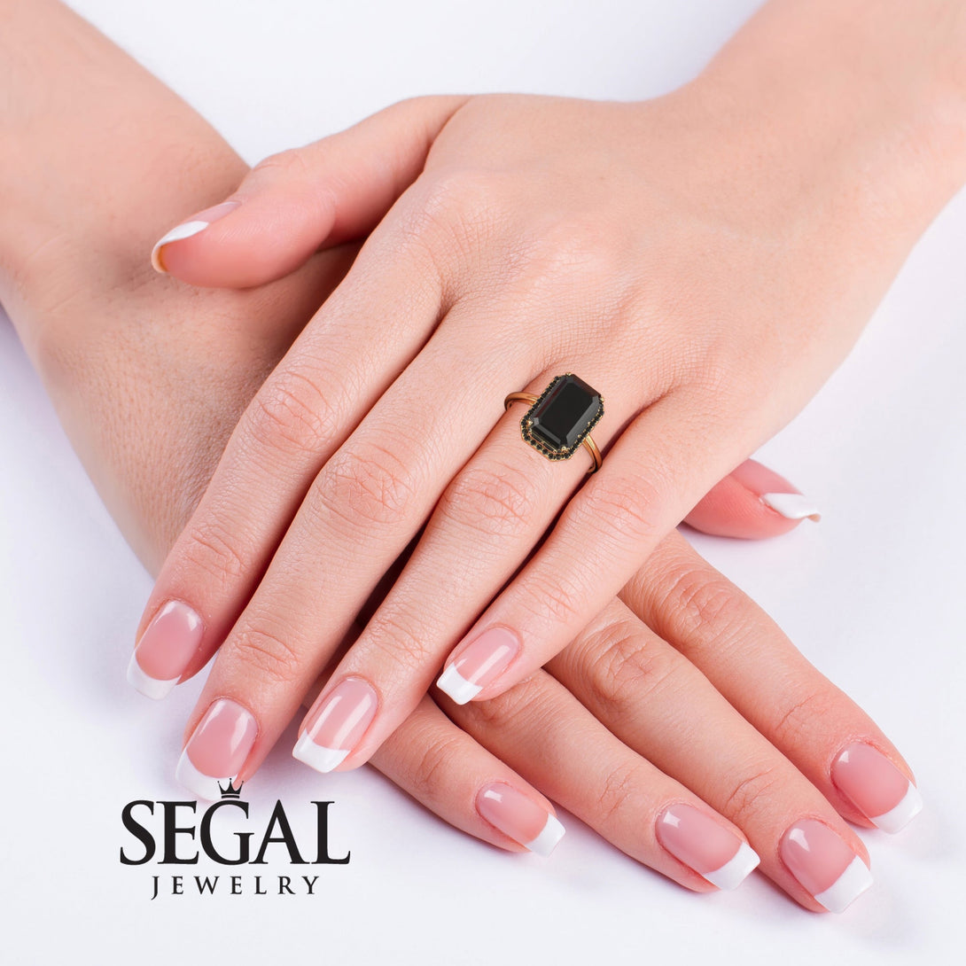 Two Tones Halo Emerald Cut Black Diamond Ring With Hidden Diamonds - Rowan No. 81