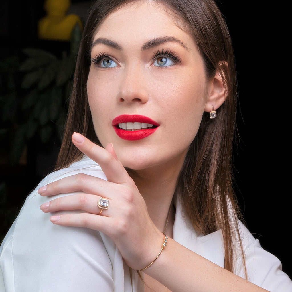 Two Tones Halo Emerald Cut Black Diamond Ring With Hidden Diamonds - Rowan No. 81