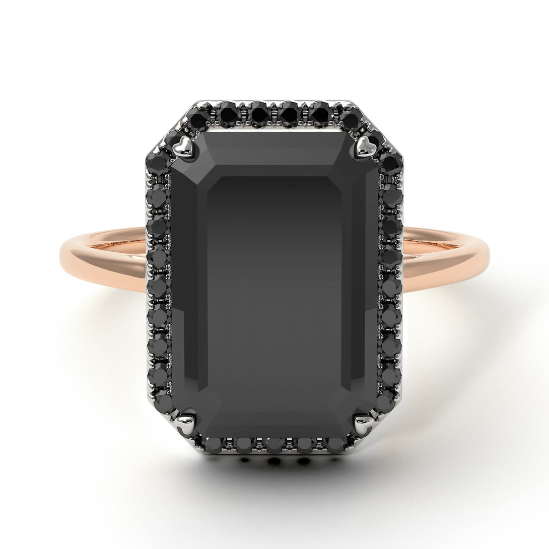 Two Tones Halo Emerald Cut Halo Black Diamond Engagement Ring - Izabella No. 81