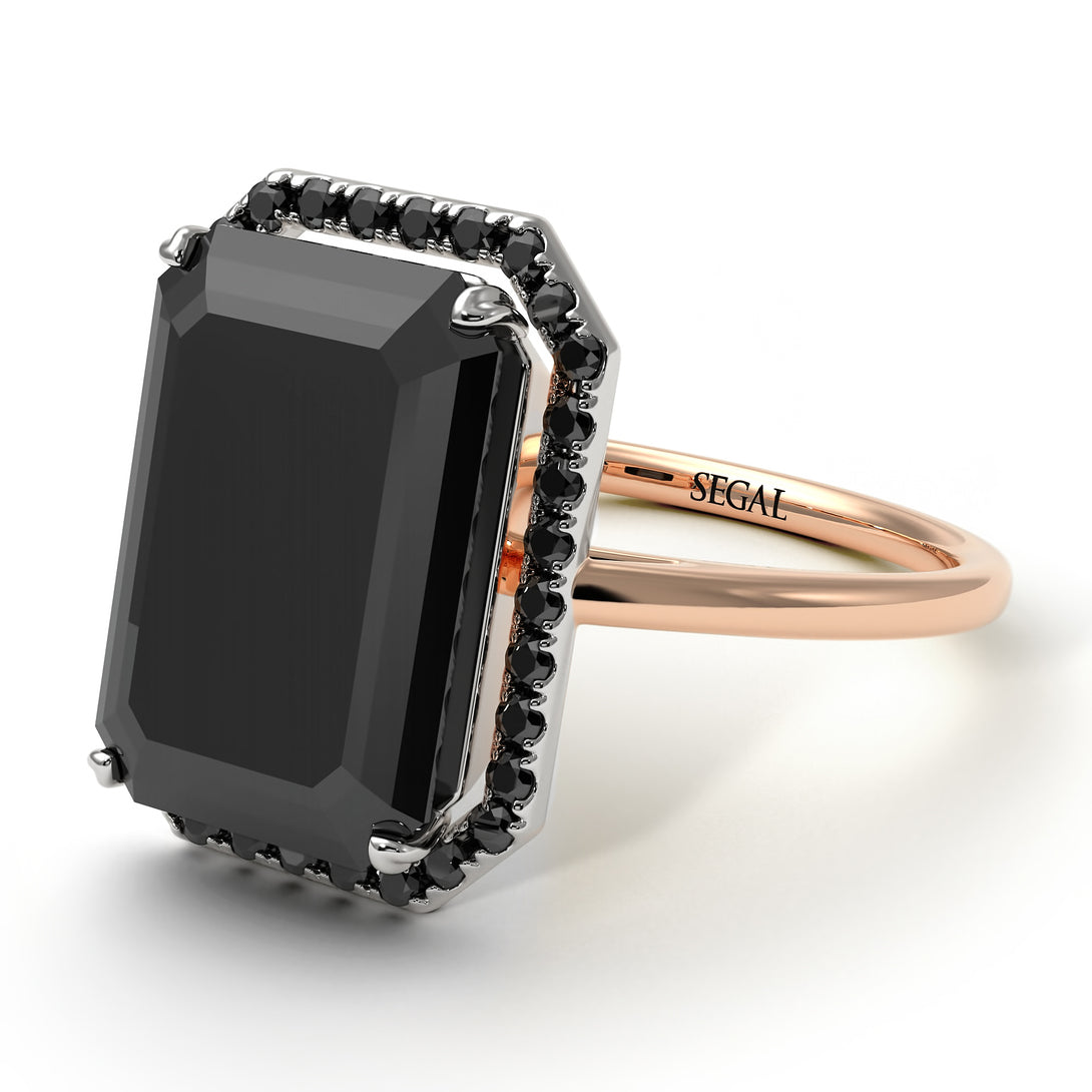 Two Tones Halo Emerald Cut Halo Black Diamond Engagement Ring - Izabella No. 81