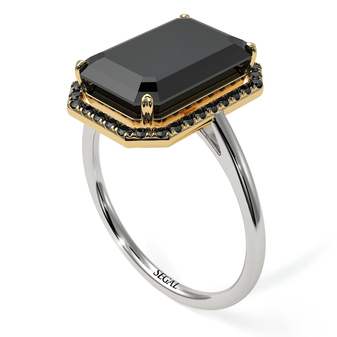 Two Tones Halo Emerald Cut Halo Black Diamond Engagement Ring - Izabella No. 80