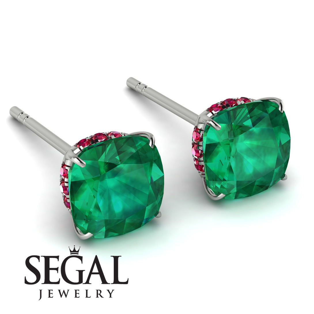 Hidden Halo Cushion Emerald Earrings - Alivia No. 51