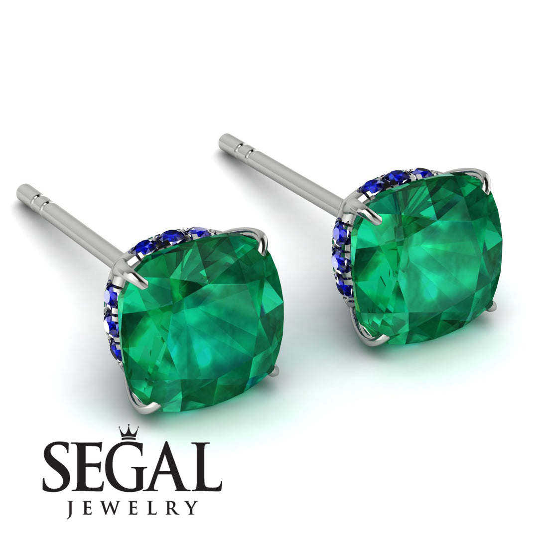 Hidden Halo Cushion Emerald Earrings - Alivia No. 66