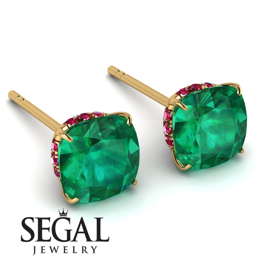 Hidden Halo Cushion Emerald Earrings - Alivia No. 49