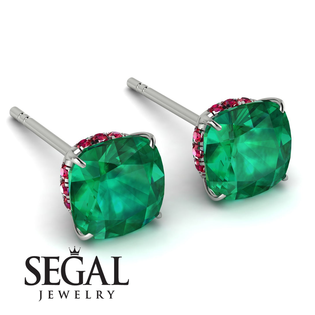Hidden Halo Cushion Emerald Earrings - Alivia No. 51