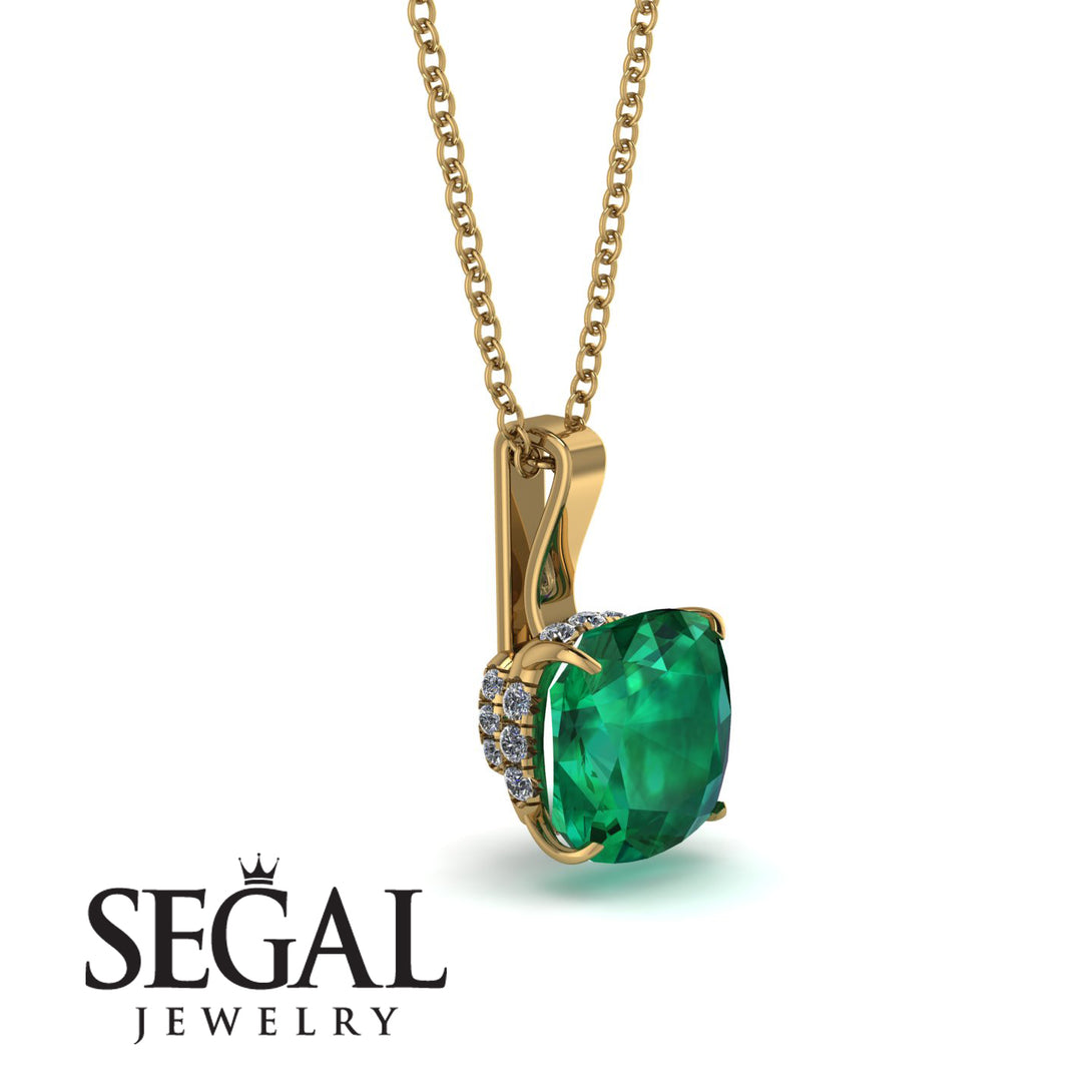 Hidden Halo Cushion Emerald Necklace - Alivia No. 4