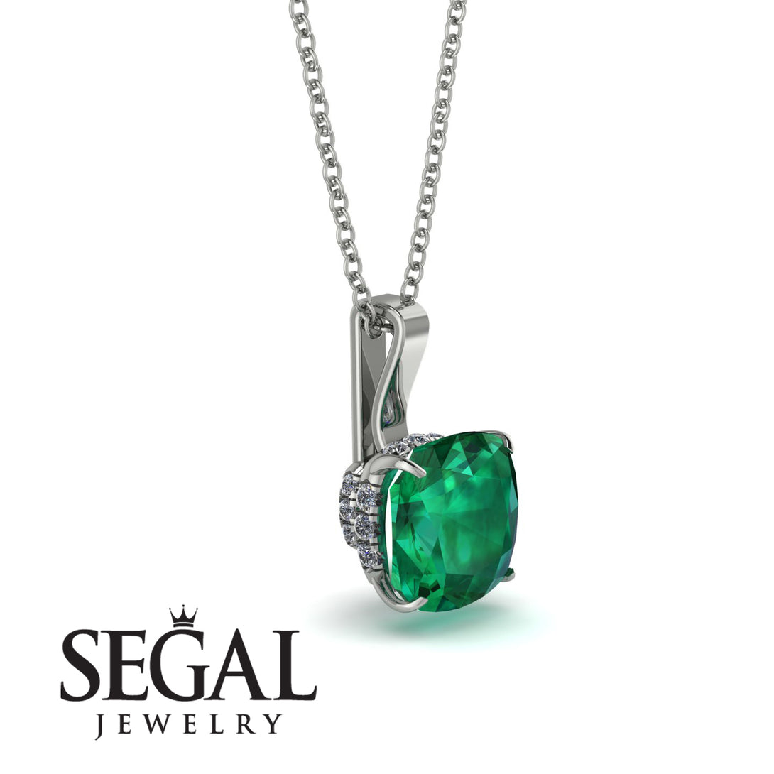 Hidden Halo Cushion Emerald Necklace - Alivia No. 6