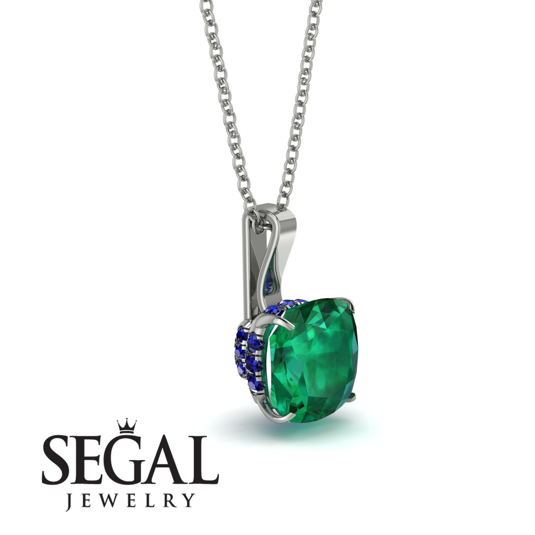 Hidden Halo Cushion Emerald Necklace - Alivia No. 66
