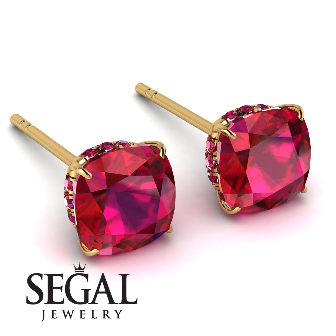 Hidden Halo Cushion Ruby Earrings - Alivia No. 55