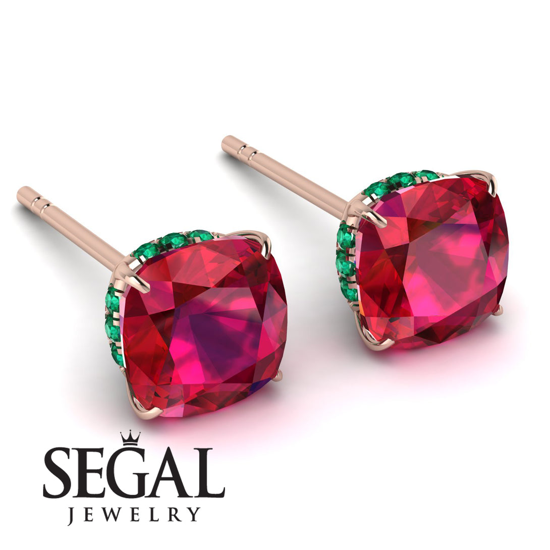 Hidden Halo Cushion Ruby Earrings - Alivia No. 26
