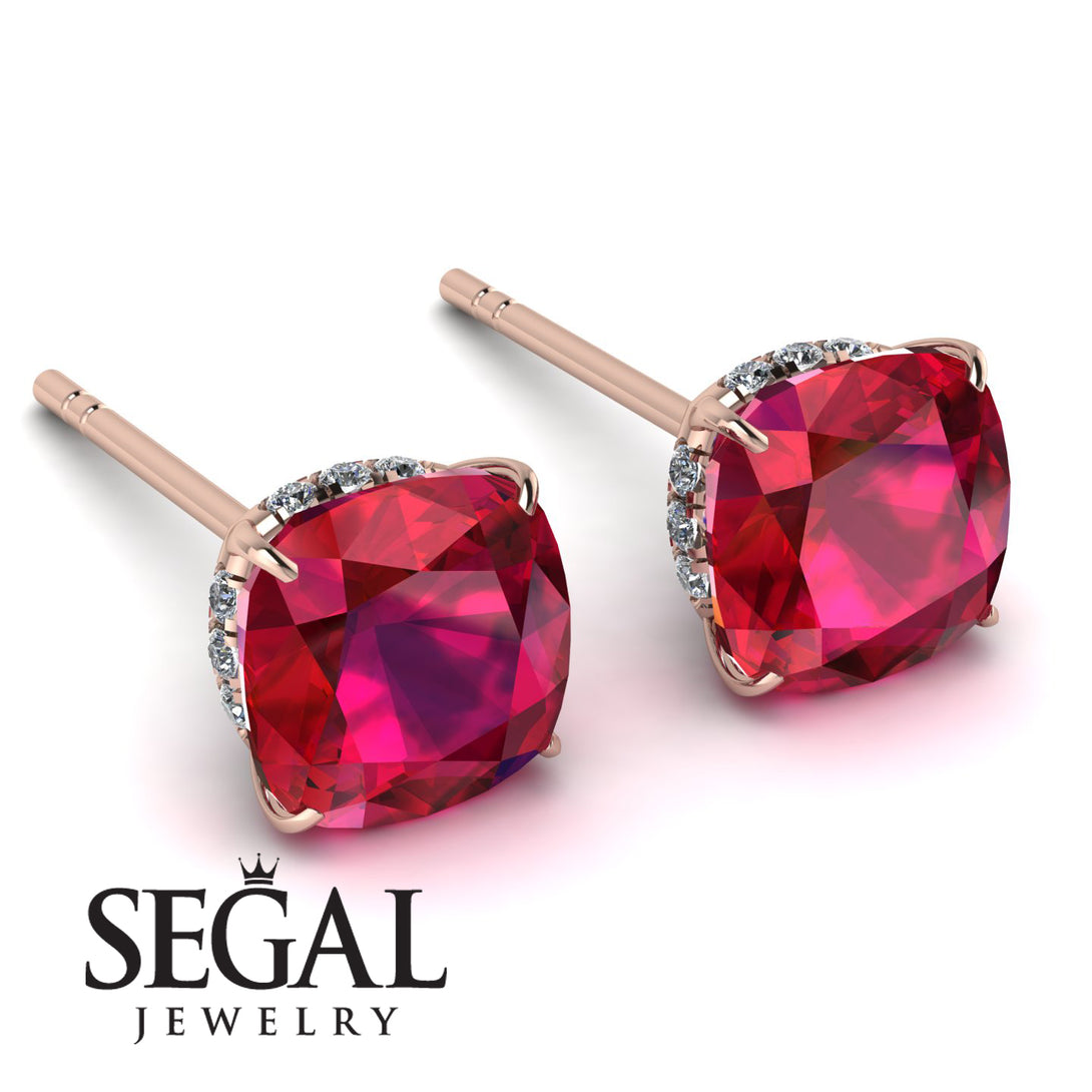 Hidden Halo Cushion Ruby Earrings - Alivia No. 11