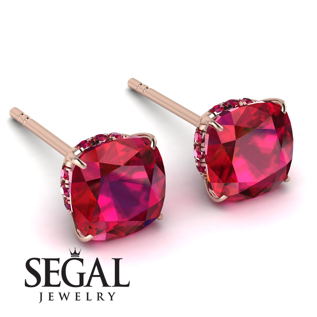 Hidden Halo Cushion Ruby Earrings - Alivia No. 56