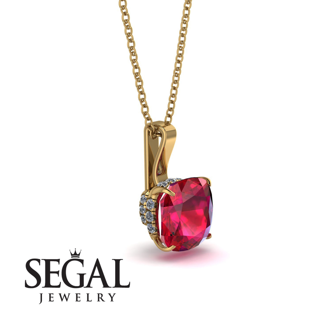 Hidden Halo Cushion Ruby Necklace - Alivia No. 10