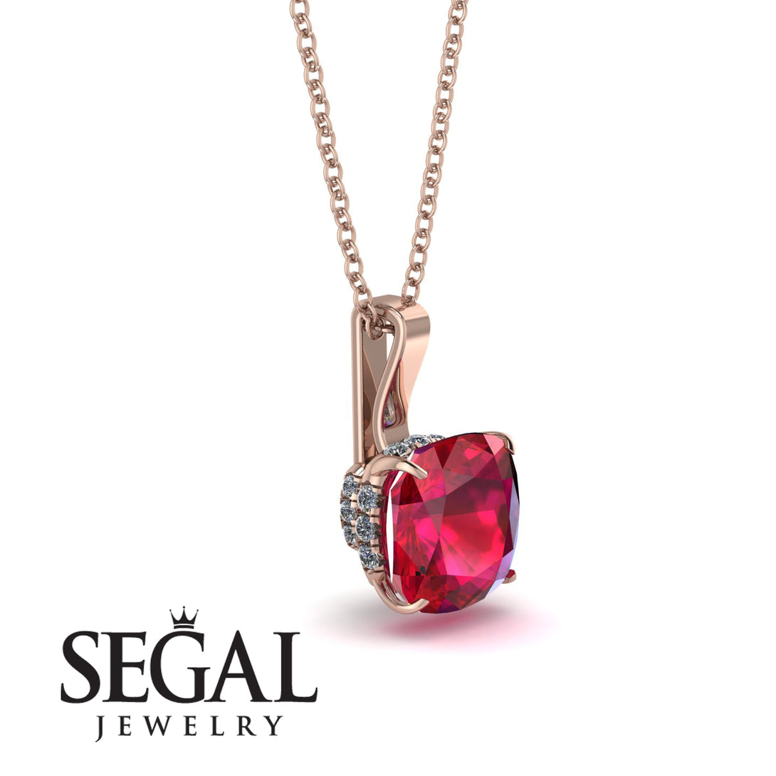 Hidden Halo Cushion Ruby Necklace - Alivia No. 11