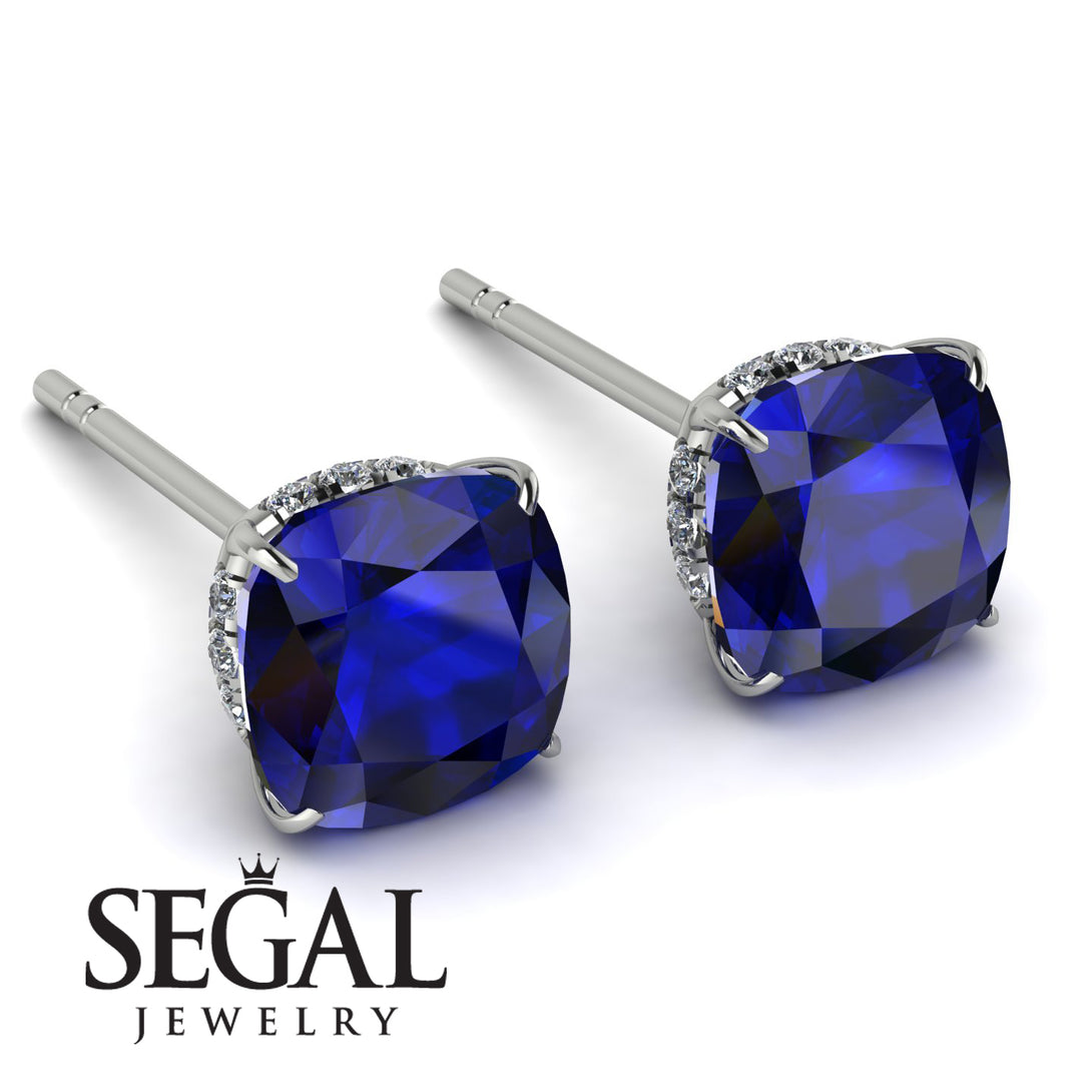 Hidden Halo Cushion Sapphire Earrings - Alivia No. 15