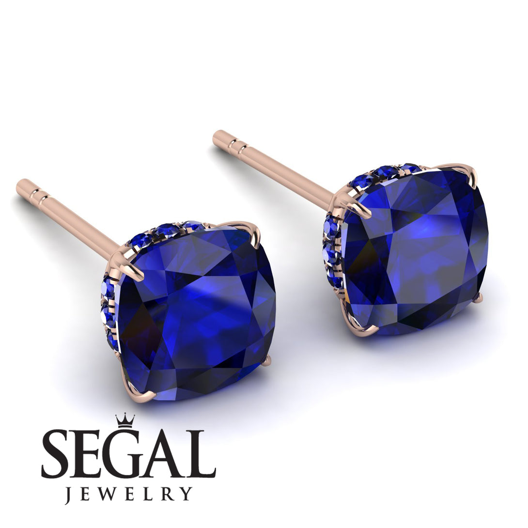 Hidden Halo Cushion Sapphire Earrings - Alivia No. 74