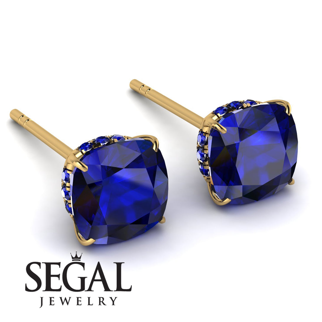 Hidden Halo Cushion Sapphire Earrings - Alivia No. 73