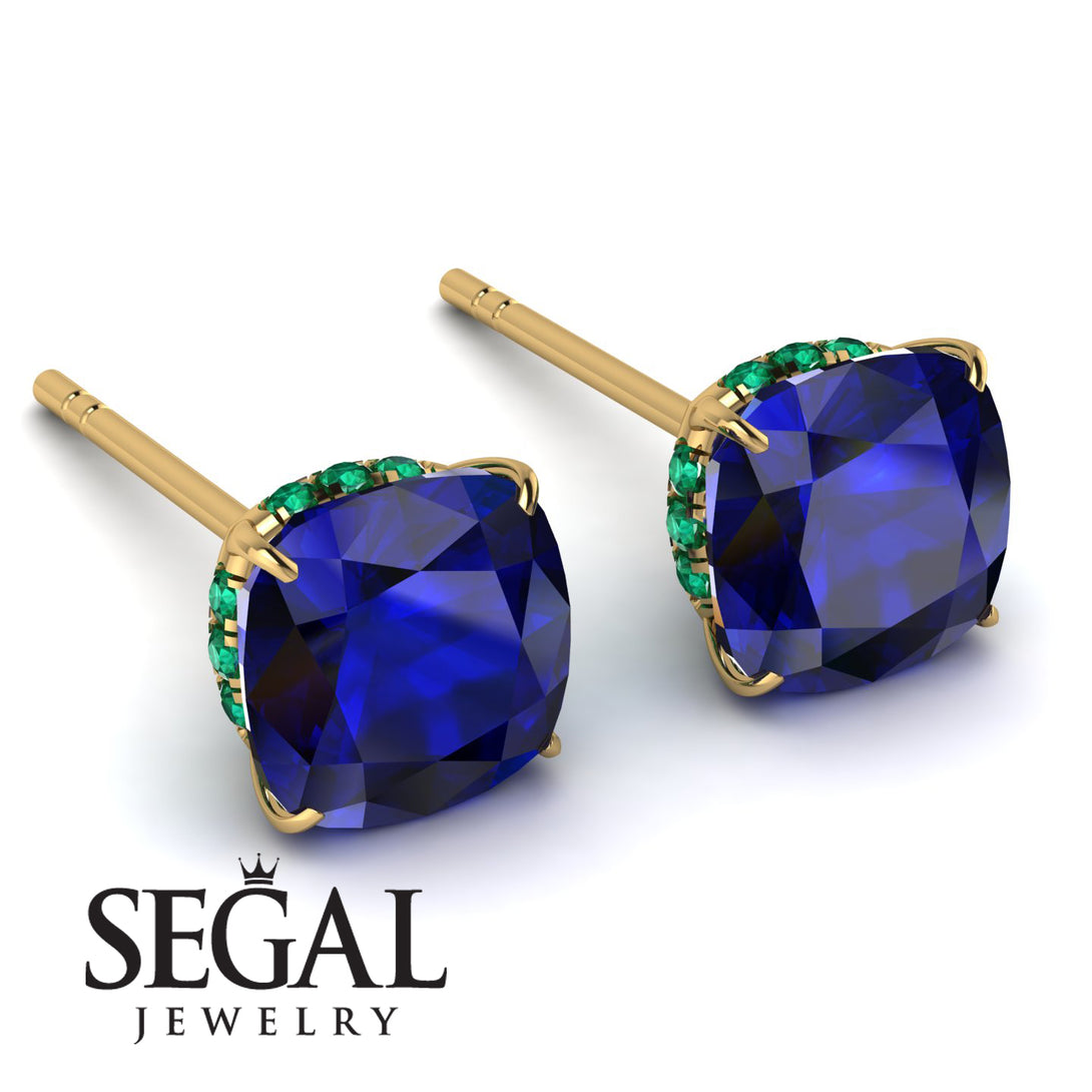Hidden Halo Cushion Sapphire Earrings - Alivia No. 28