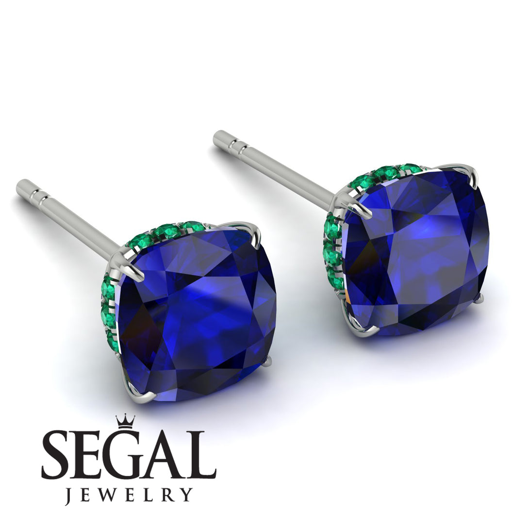 Hidden Halo Cushion Sapphire Earrings - Alivia No. 30